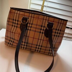 Burberry Beige Plaid Tote with Brown Trim